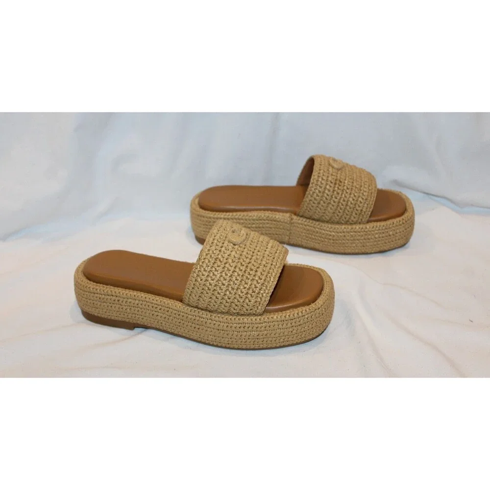 COACH Women's Sculpted C Raffia Platform Slides Sandals Natural NEW SZ 8
